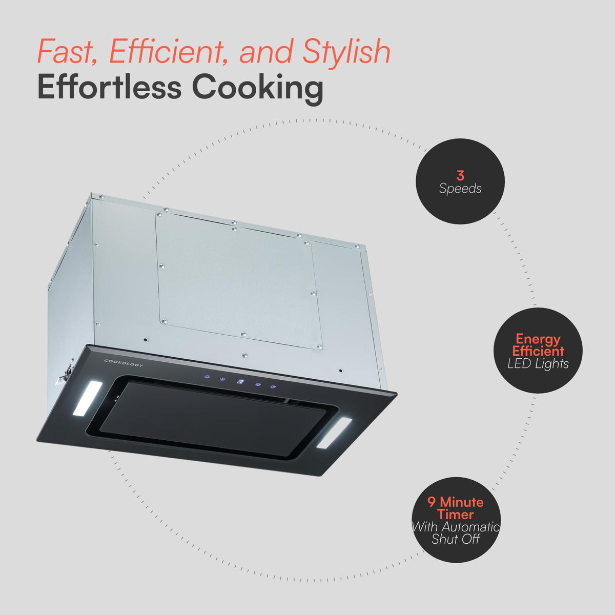 Cookology BUGL750BK Integrated Extractor Fan Cooker Hood in Black - 75cm Width - Built-in Cupboard Glass Canopy - Touch Controls - 2 LED Lights - Switch-off Timer - 3 Speed Settings - A+ Rated