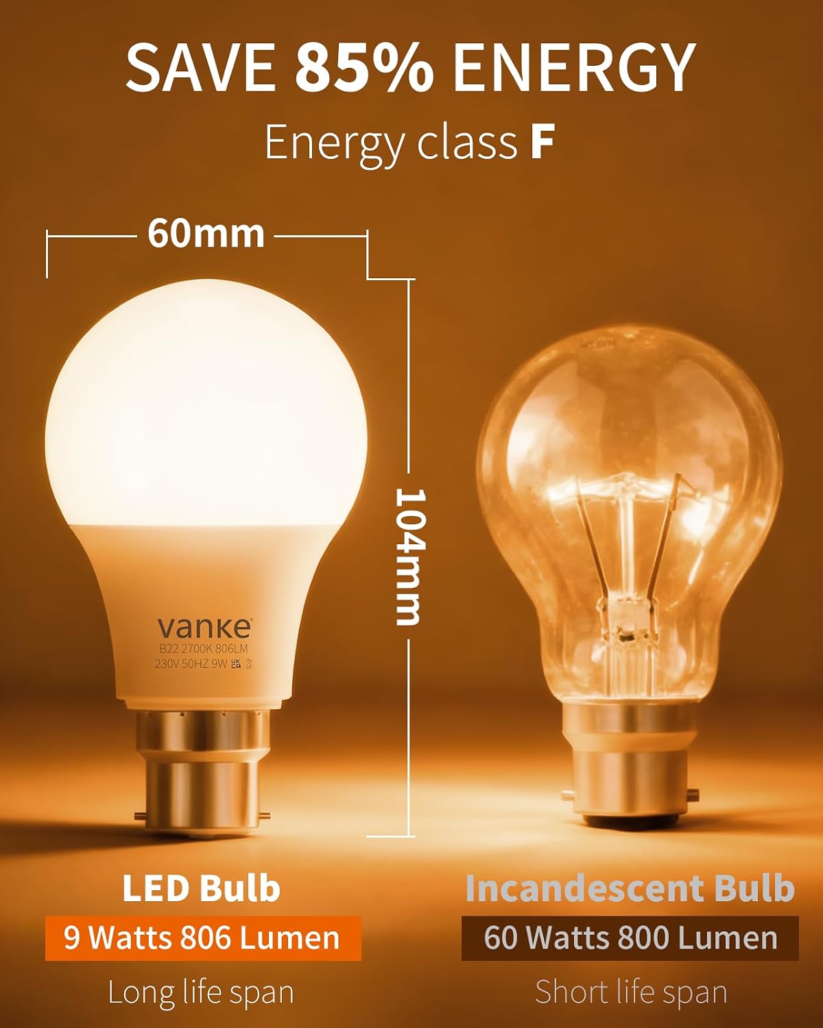 Vanke Bayonet Light Bulb, 9W(60W Equivalent), Warm White 2700K, 3-Pack