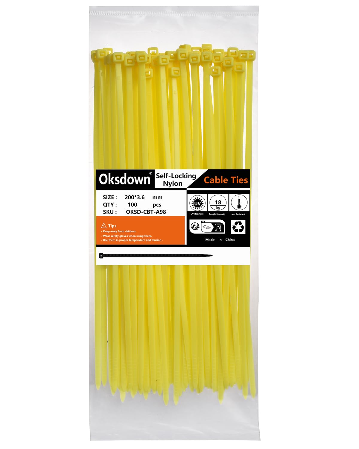 100 Pack Yellow Plastic Cable Ties 300mm×3.6mm Heavy Duty Strong Nylon Premium Self Locking 12 inch/30 cm Long Zip Tie Wraps