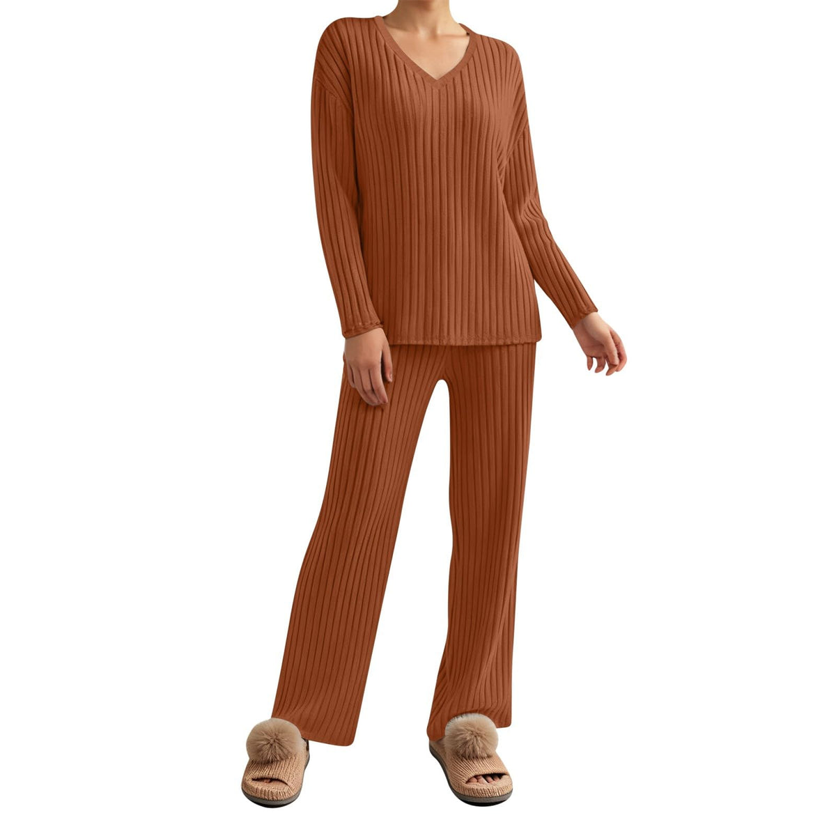 Lounge Wear Sets For Women Uk Womens Pyjamas Set Ladies Pyjamas Two Piece Outfit Fleece Tracksuits V-Neck Long Sleeve Jumpers And Wide Leg Trousers With Pockets Sleepwear Plain Casual Homewear