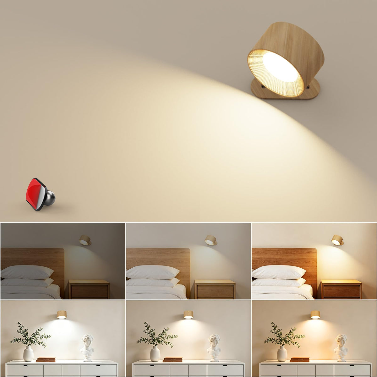 Coollamp LED Battery Operated Wall Lights, 3Pack Wall Lamp with Remote Control 3 Color Modes 3 Brightness Levels 360°Rotate Magnetic, Reading Lights for Living Room Bedroom Black