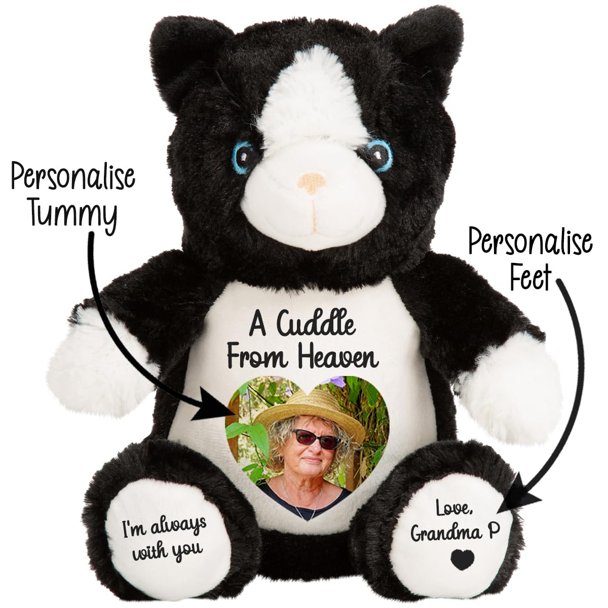 Personalised Memory Teddy Bear with Heart-Shaped Photo – “A Cuddle From Heaven” Keepsake Gift – 28 Bear Styles – Add Your Text & Choose Colour – Custom Memorial Bear (White Angel Teddy)