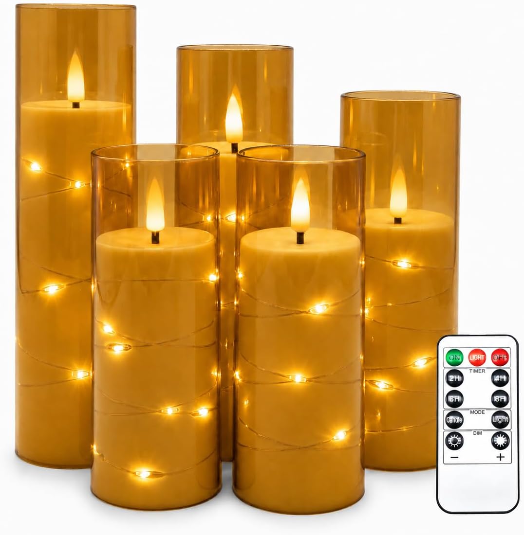 5 Pack Ivory Transparent Taper Candles, Black Wick Flickering Flameless LED Candles with Fairy Lights, Heat Resistant Reusable Plastic Candles, Remote Control, 14/14/16/18/20cm, Indoor Outdoor Decor