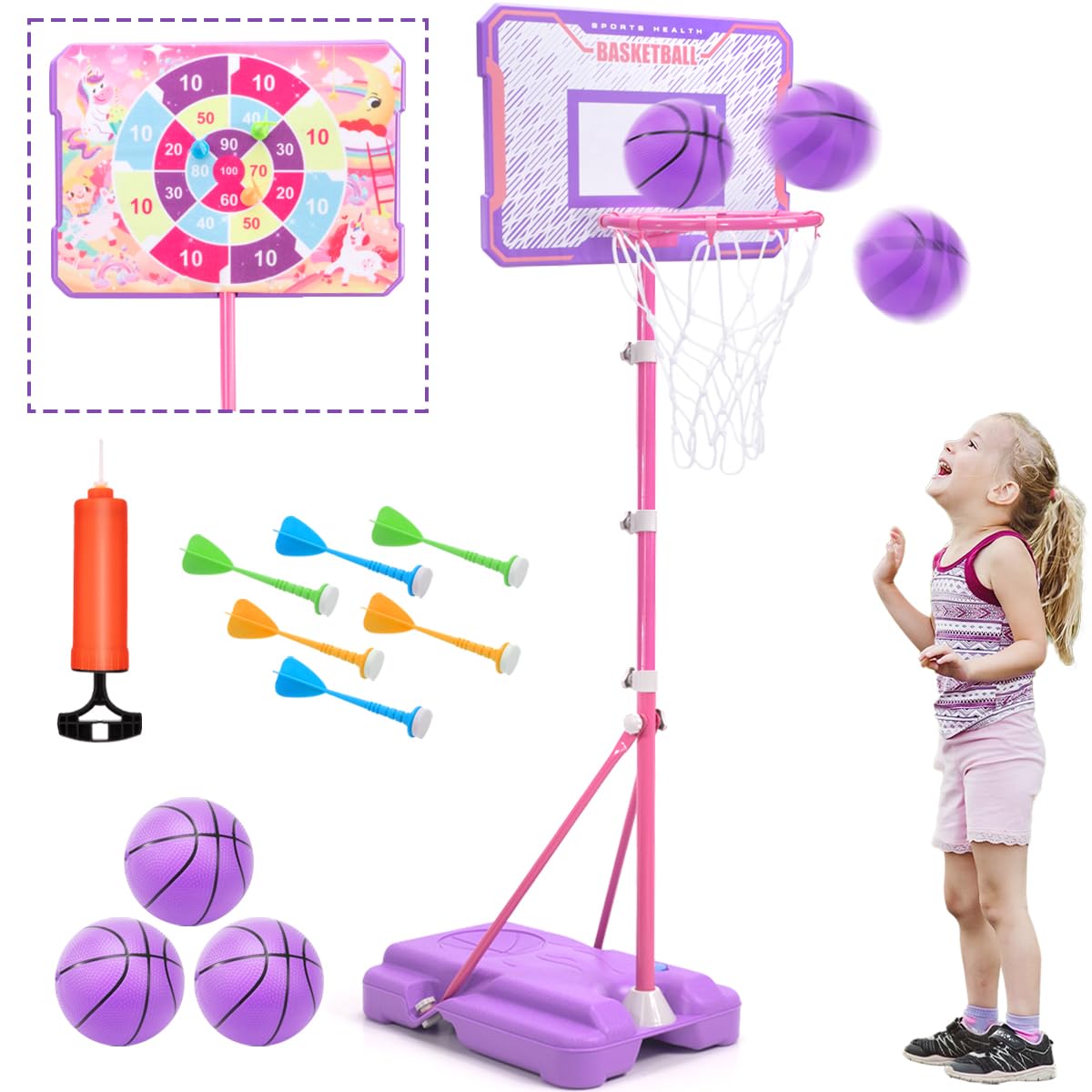 MELAND Kids Basketball Hoop Outdoor, 104-190cm Height Adjustable Stand with 3 Balls, Portable Indoor Outside Sports Toys, Birthday Gifts for 3-10 Year Old Boys Girls