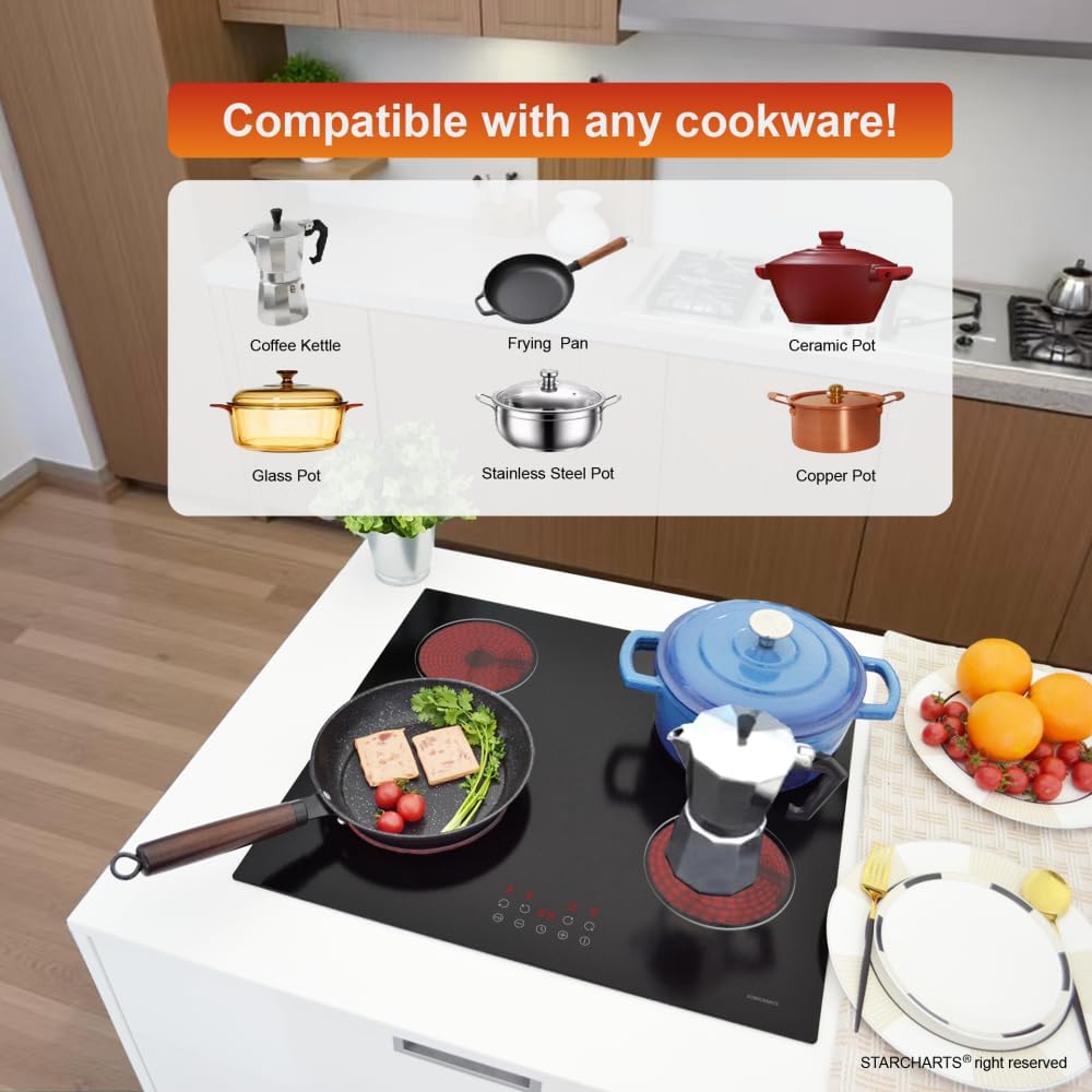 Built-in Ceramic Hob 4 Burners, STARCHARTS Electric Hob, 4 Zones Cooktops with Total Power 6000W, Timer, Child Lock, Black Glass