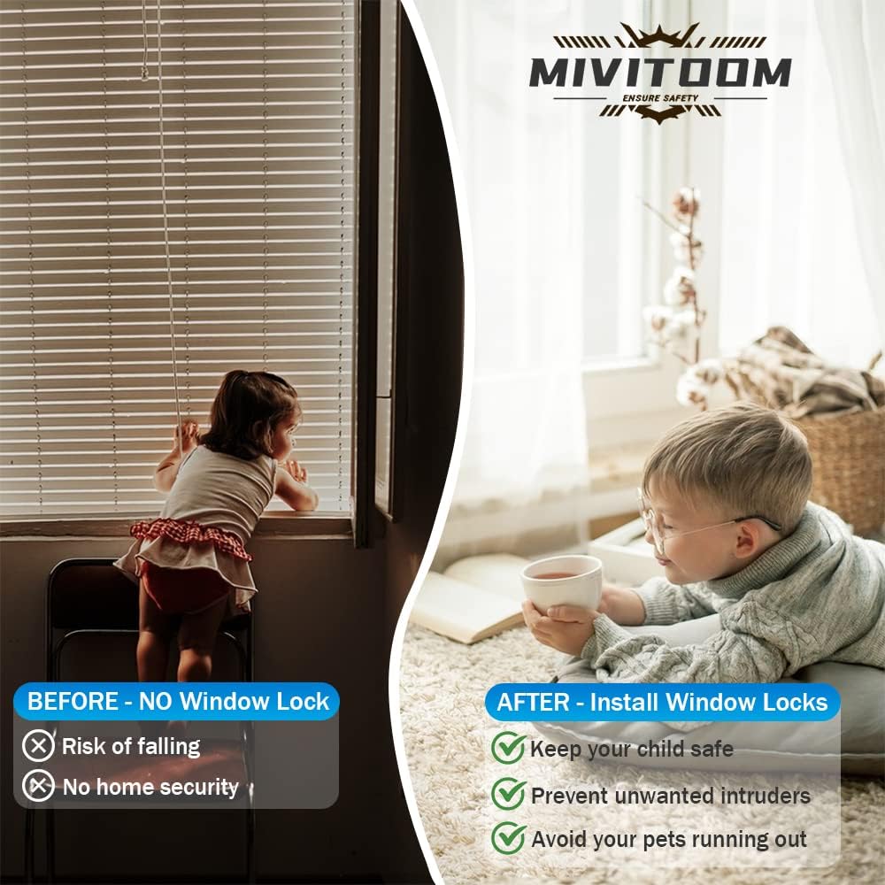 8Pcs Window Locks for UPVC Windows, MIVITOOM Window Cable Restrictor Window Safety Locks with Keys and Screws for Child & Pet Safety, Self Adhesive