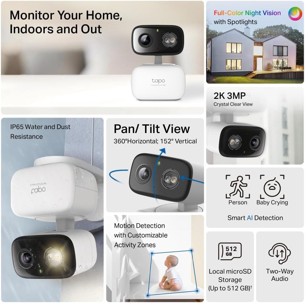Tapo C216 2K 3MP Pan/Tilt Indoor Outdoor Security Camera Spotlights Camera