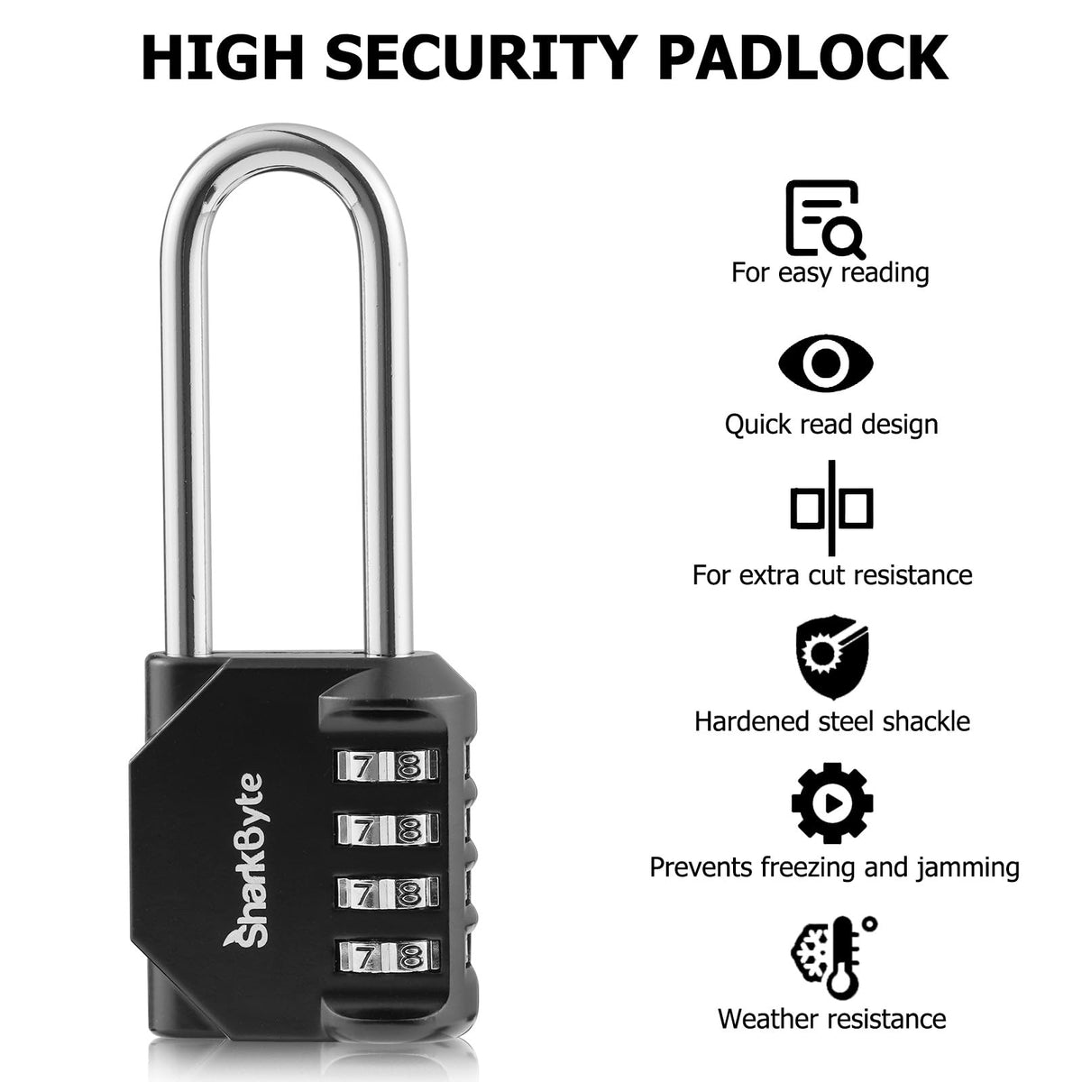 SharkByte Heavy Duty Combination Padlock – 4-Digit Weatherproof Outdoor Lock with Stainless Steel Shackle, Anti-Rust Resettable Code for Gym, School, Locker, Shed, Toolbox, Gate & Warehouse - Red