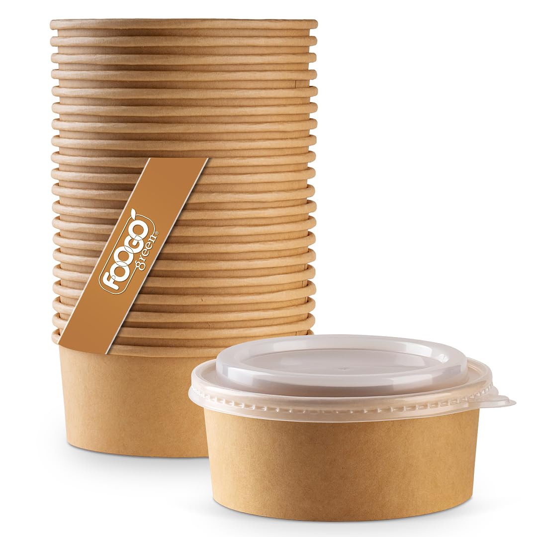 FOOGO Green 200Pcs 750ml 26oz Kraft Salad Bowls with Lids