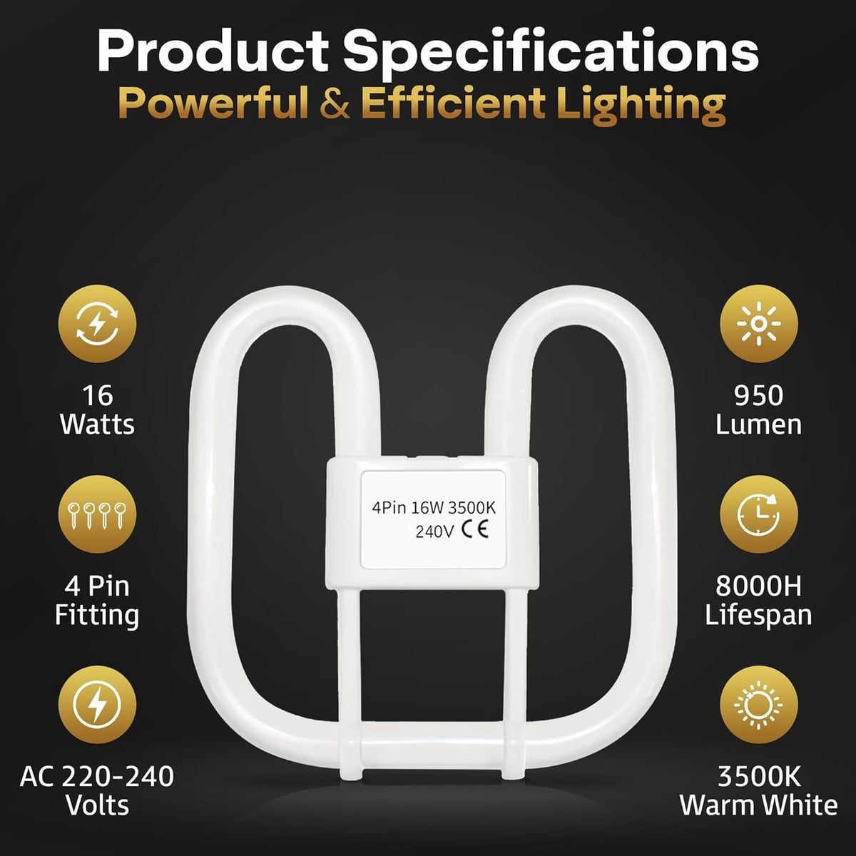 Quebec 16W 2D Square 2-Pin GR8 Cap Compact Fluorescent Lamp, Warm White 3500K, Non-Dimmable CFL Light Bulb, Energy Class A, AC 230V, DD Flat Butterfly Bulb for Flush Mount Ceiling Lighting, 8000 Hours
