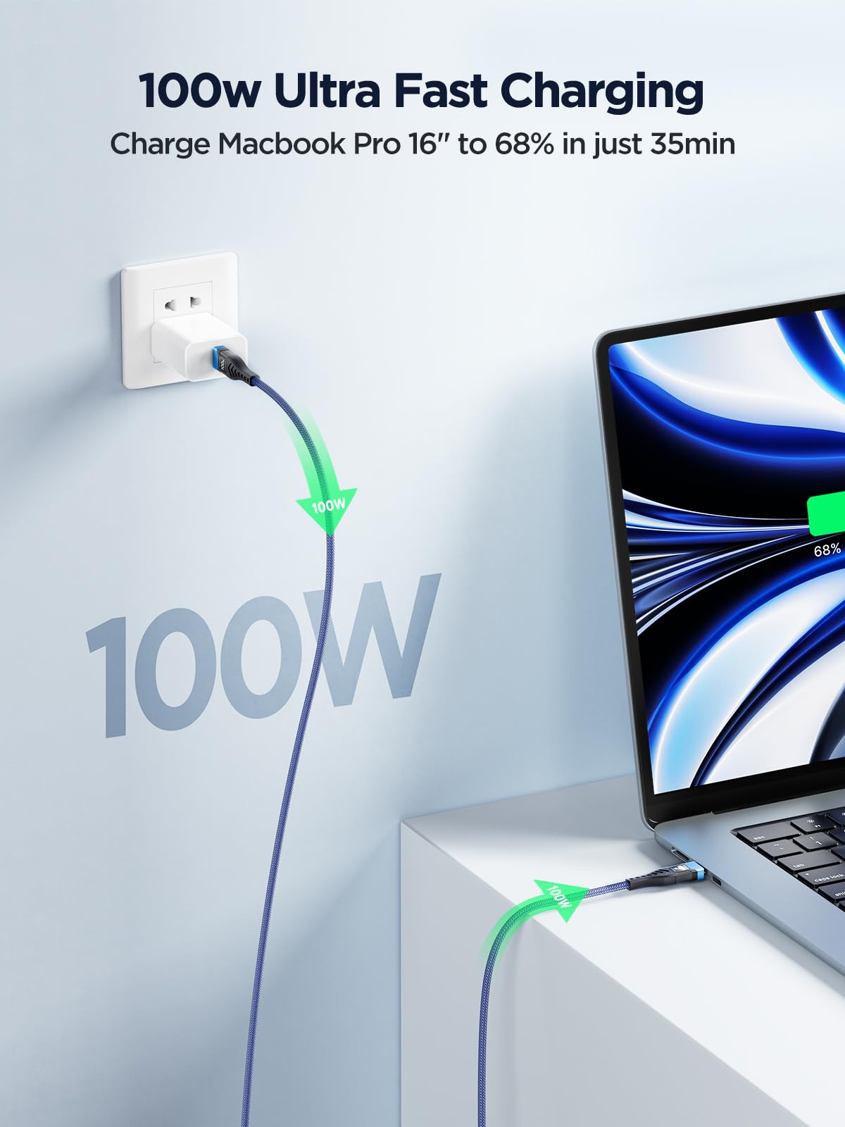 USB-C to C 1M 100W PD3.0 Fast Charging Cable - Compatible with MacBook Pro, iPad Air, iPhone 15, Samsung S23/S22/S21 Ultra, Pixel 7/6, Switch, PS5