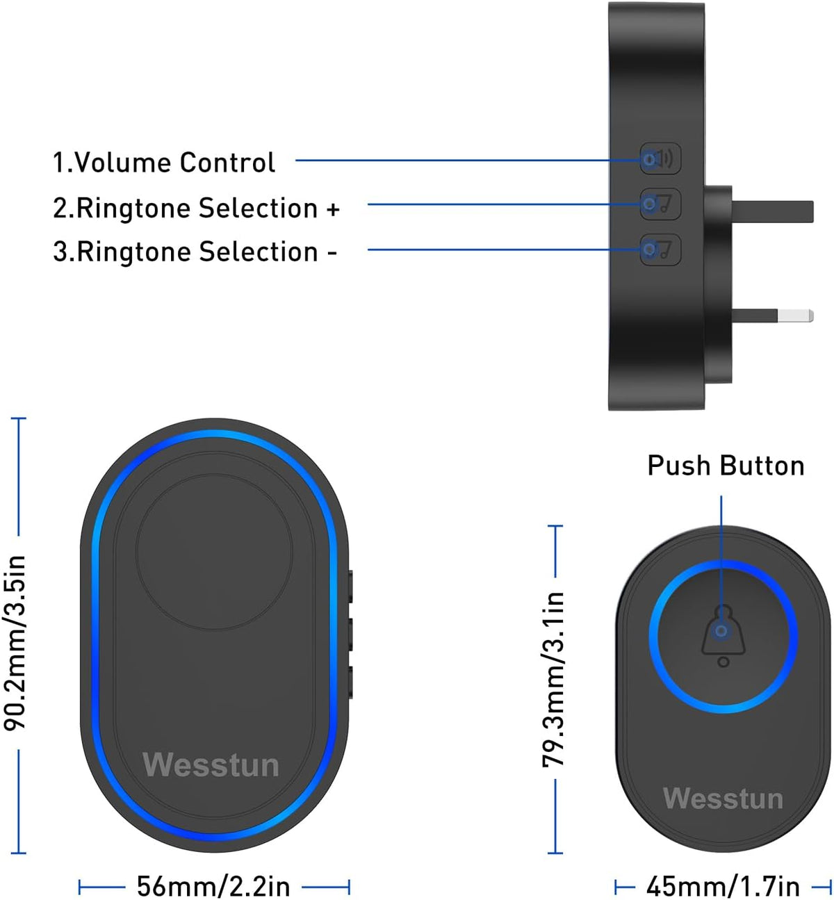Wireless Doorbell, 300m Range with 39 Melodies, Easy Install, Black