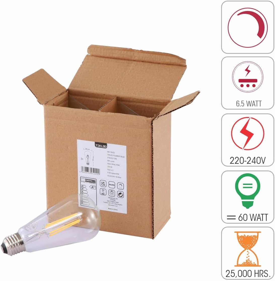 TEKLED LED Filament Style ST64 Bulbs E27 Dimmable 6.5W 60W Equiv 2700K 2 Pack Warm White