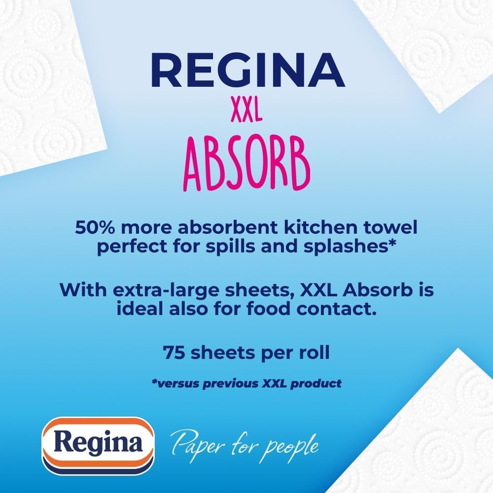 Regina Absorb Plus Kitchen Towels – 8 Super Absorbent 2-ply Kitchen Rolls, 85 Sheets Per Roll, Extra-Large Sheets, 50 Percent More Absorbent Than Previous XXL Products, Easy Open Pack