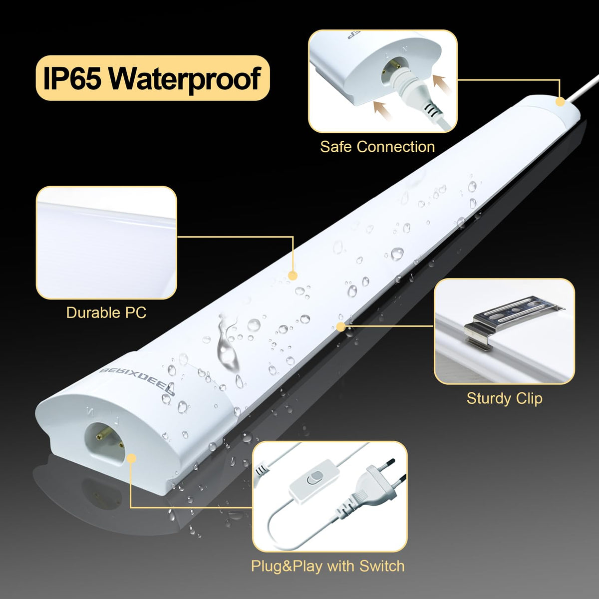 Plug and Play LED Batten Light 4ft with 3m Cable, 36w, 6500K
