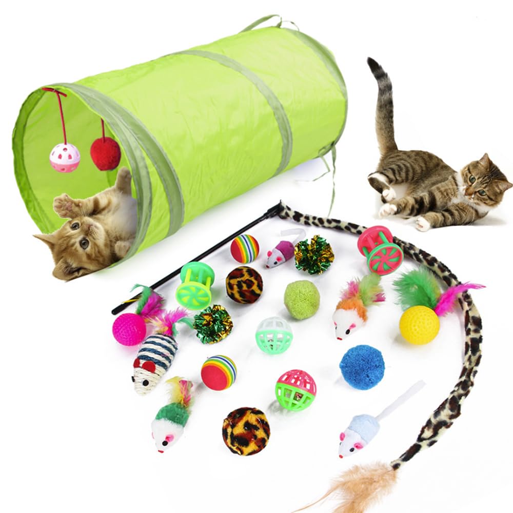 20 Pcs Cat Toys for Indoor Kitten, Collapsible Tunnel, Interactive Feather Wand Ball Spring Mice Toy for Puppy Kitty