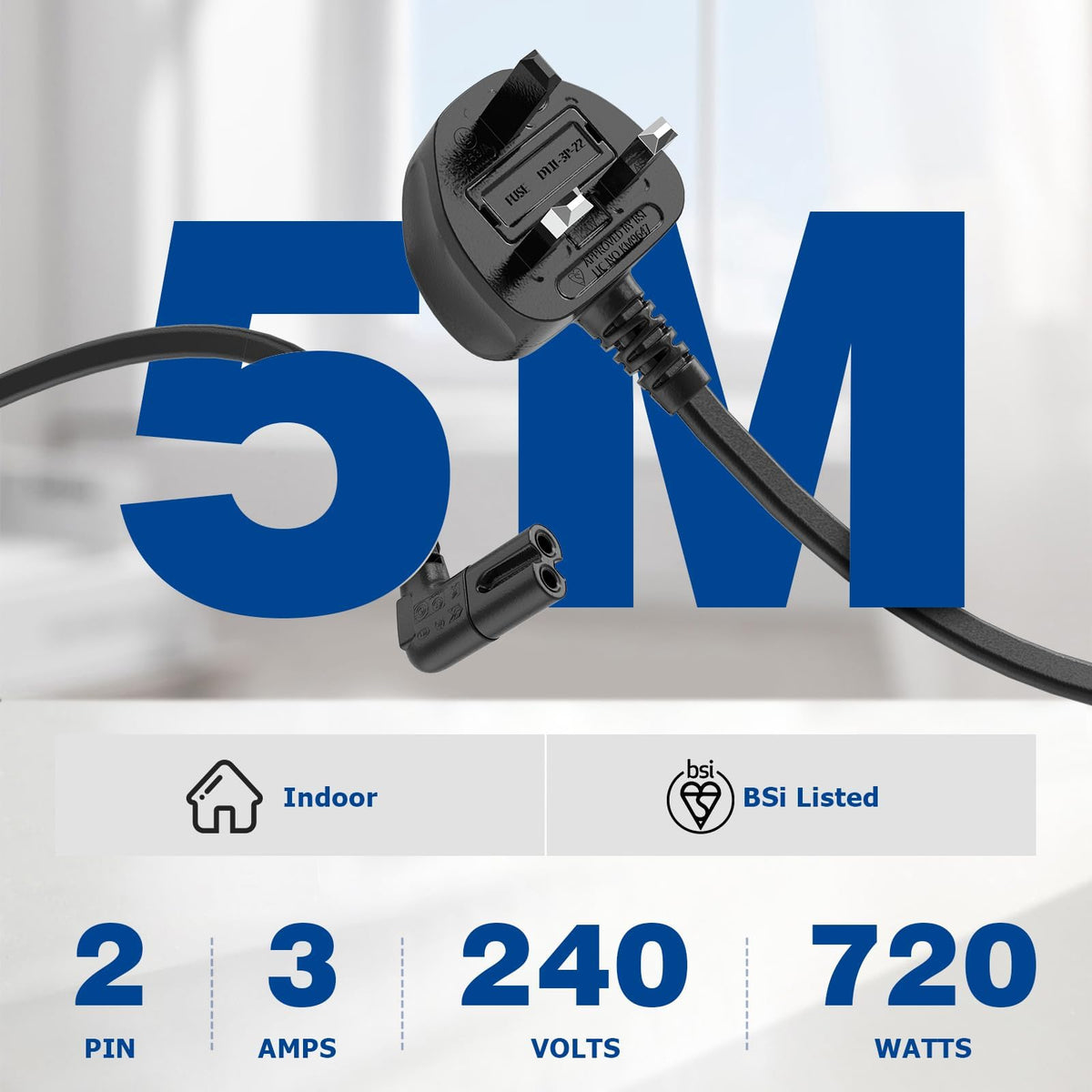 2M Power Cable Compatible with Samsumg TV, Mellbree Quality Safe Right Angle Suitable for Awkward Space Figure 8 Power Cable Compatible with Samsung, LG, Panasonic TV Black