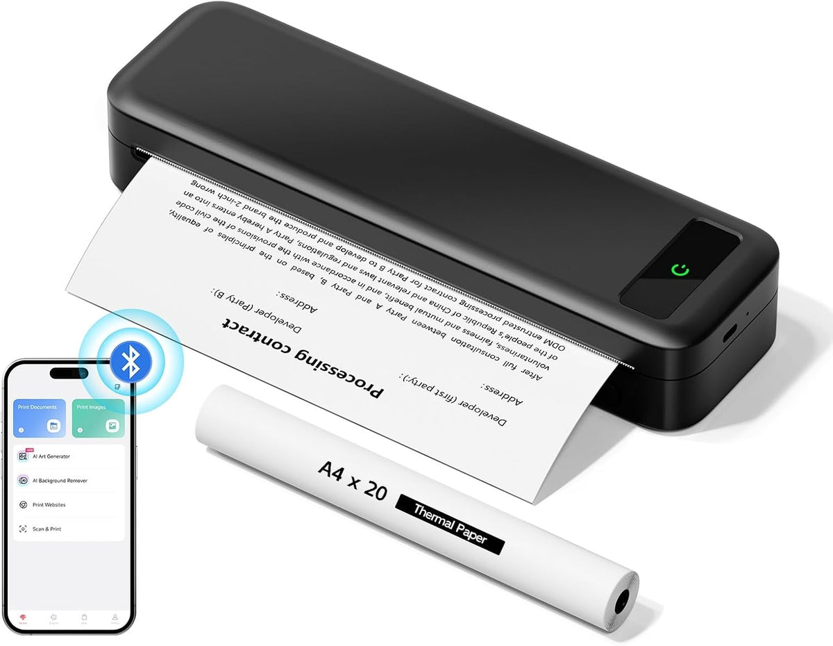 Portable Thermal Printer A4 Inkless Wireless Bluetooth Small Mobile - Black
