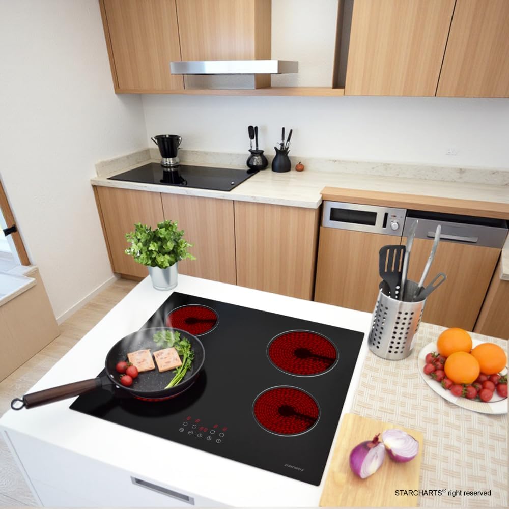 Built-in Ceramic Hob 4 Burners, STARCHARTS Electric Hob, 4 Zones Cooktops with Total Power 6000W, Timer, Child Lock, Black Glass