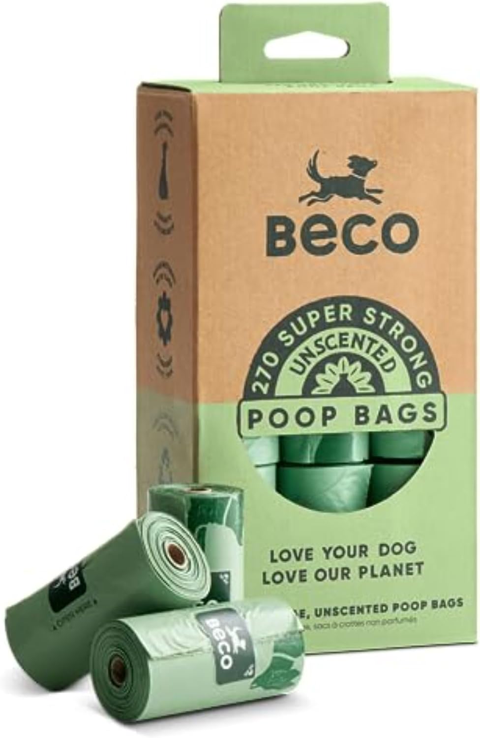 Beco Dog Poo Bags, 94% Recycled Plastic, Unscented Refill Rolls, 270 Bags