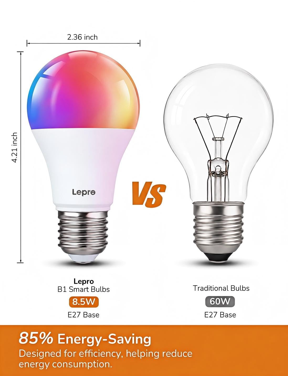 Lepro E27 Smart Bulbs, 806lm 8.5W, RGB Colour Changing, AI Lighting, 2 Pack