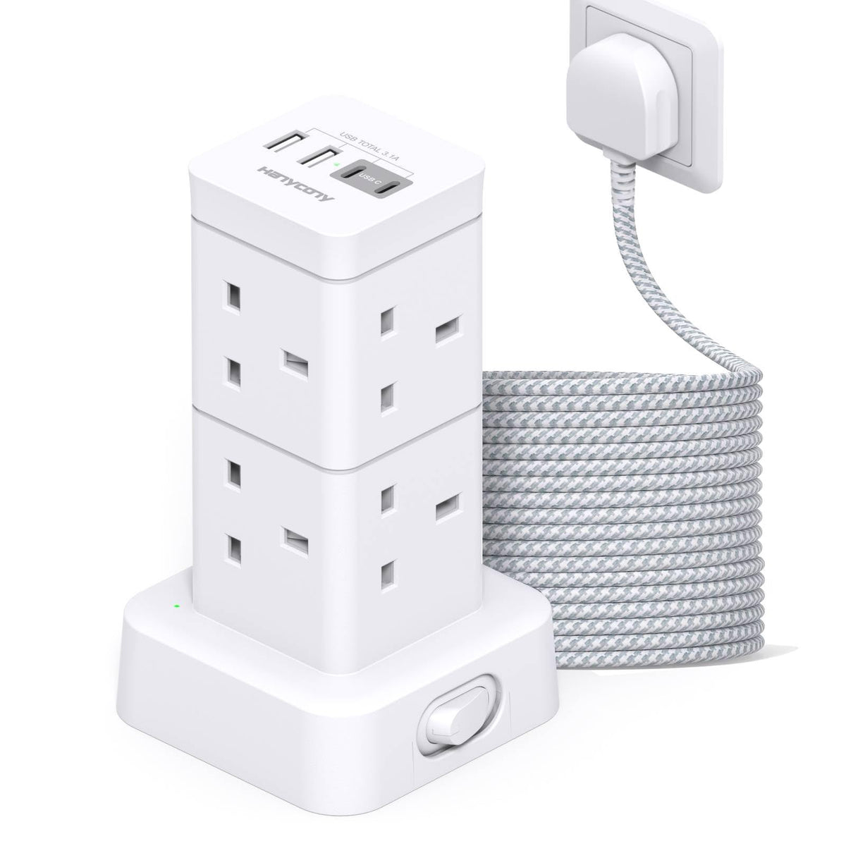 5M Extra Long Tower Extension Lead with 2 USB C, 8 Way Outlets Power Strip