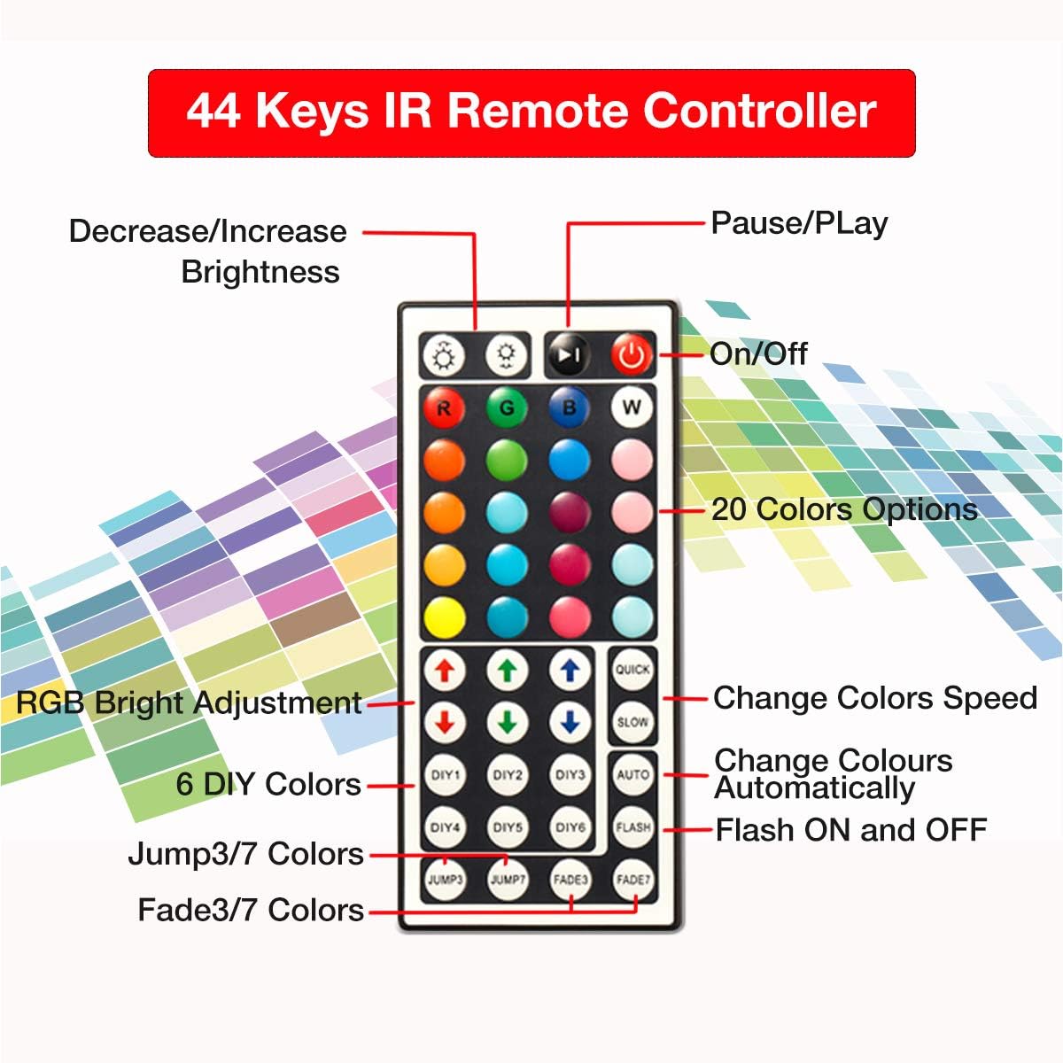 phopollo 5m RGB LED Strip Lights with Remote for Bedroom, Party.24V 5050 RGB, 44-Key Remote, Flexible Adhesive, Bedroom/Party Use