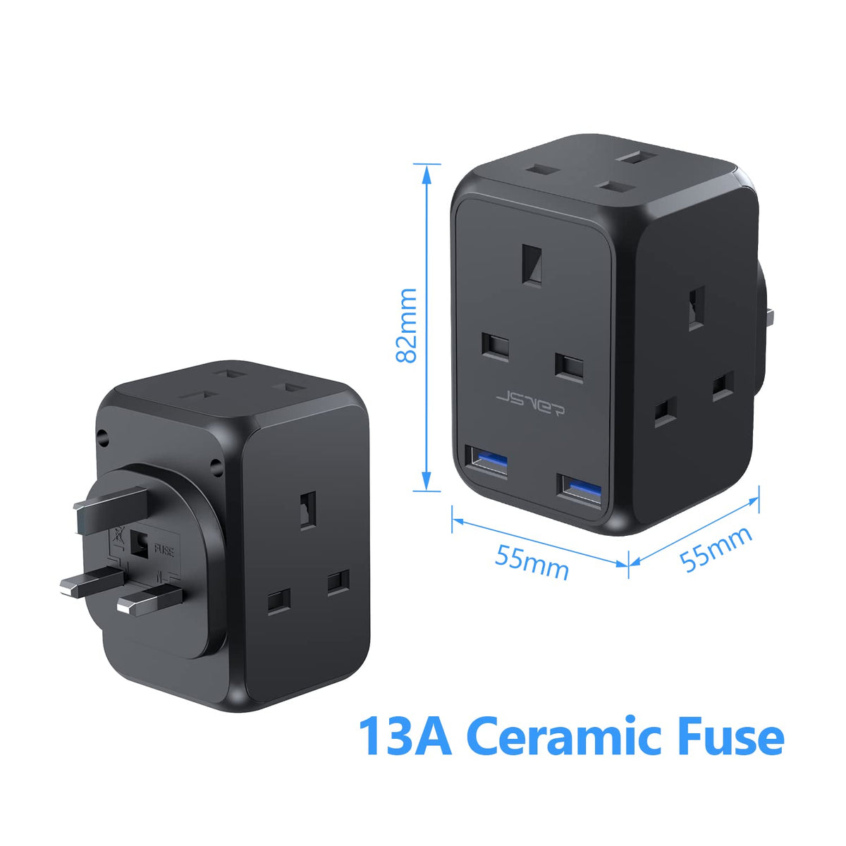 Double Plug Adaptor with 2 USB, JSVER Mini 2 Way Plugs Extension Sockets with USB Ports(5V/2.4A) Wall Charger Adapter, 13A UK 3 Pin Power Socket for Home, Office, Kitchen,White