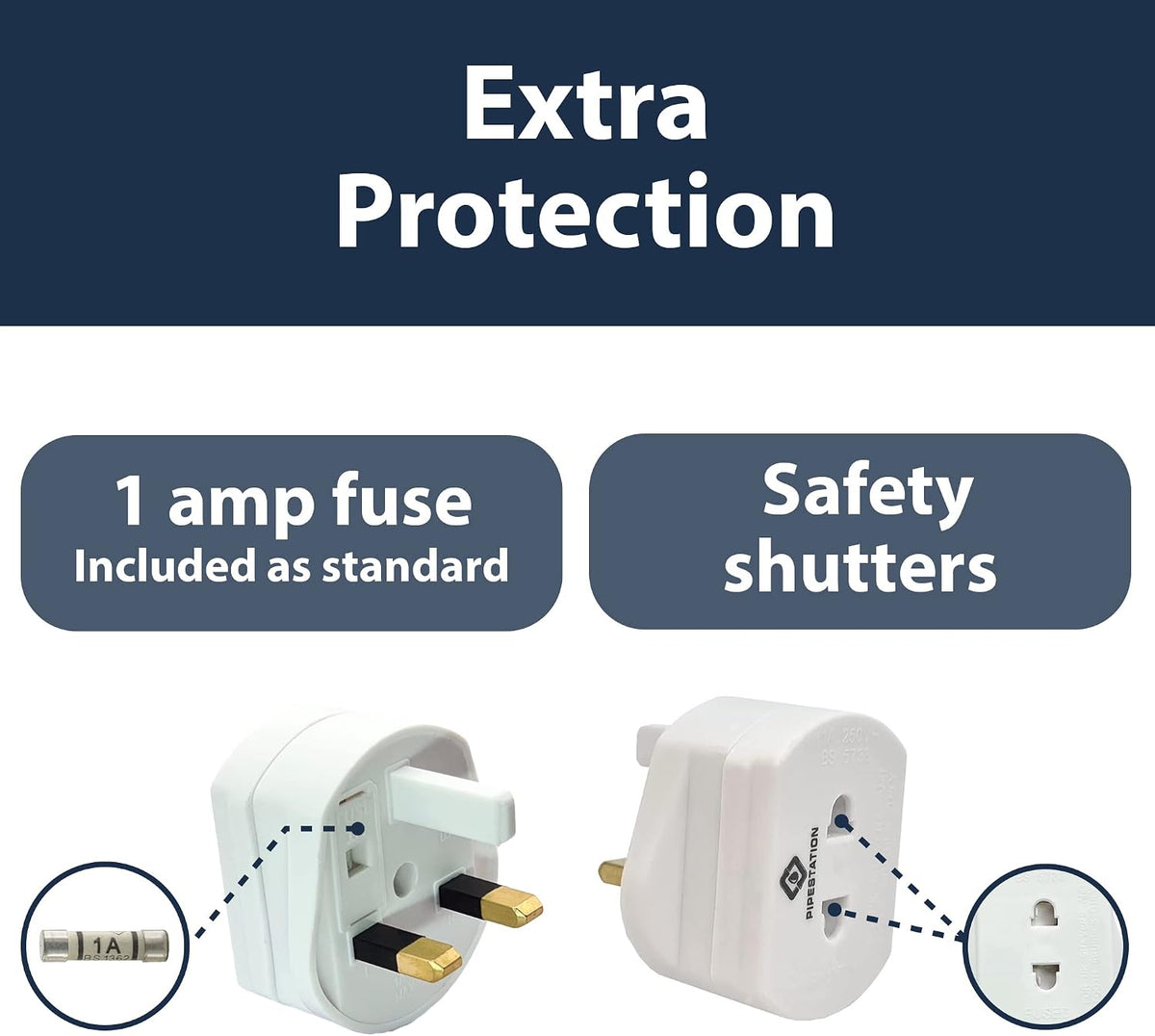 Pipestation Shaver Plug Adaptor UK – 2 Pin to 3 Pin Toothbrush Adapter Plug, 1A Fused Converter for Oral-B, Philips, Braun and Remington Chargers – White