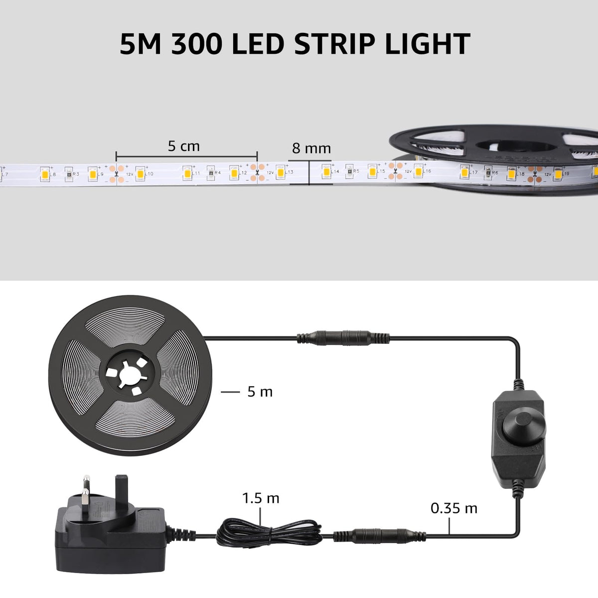 Lepro 5M LED Strip Light, Cool White 6000K, 1650LM 15W, Dimmable, Stick on