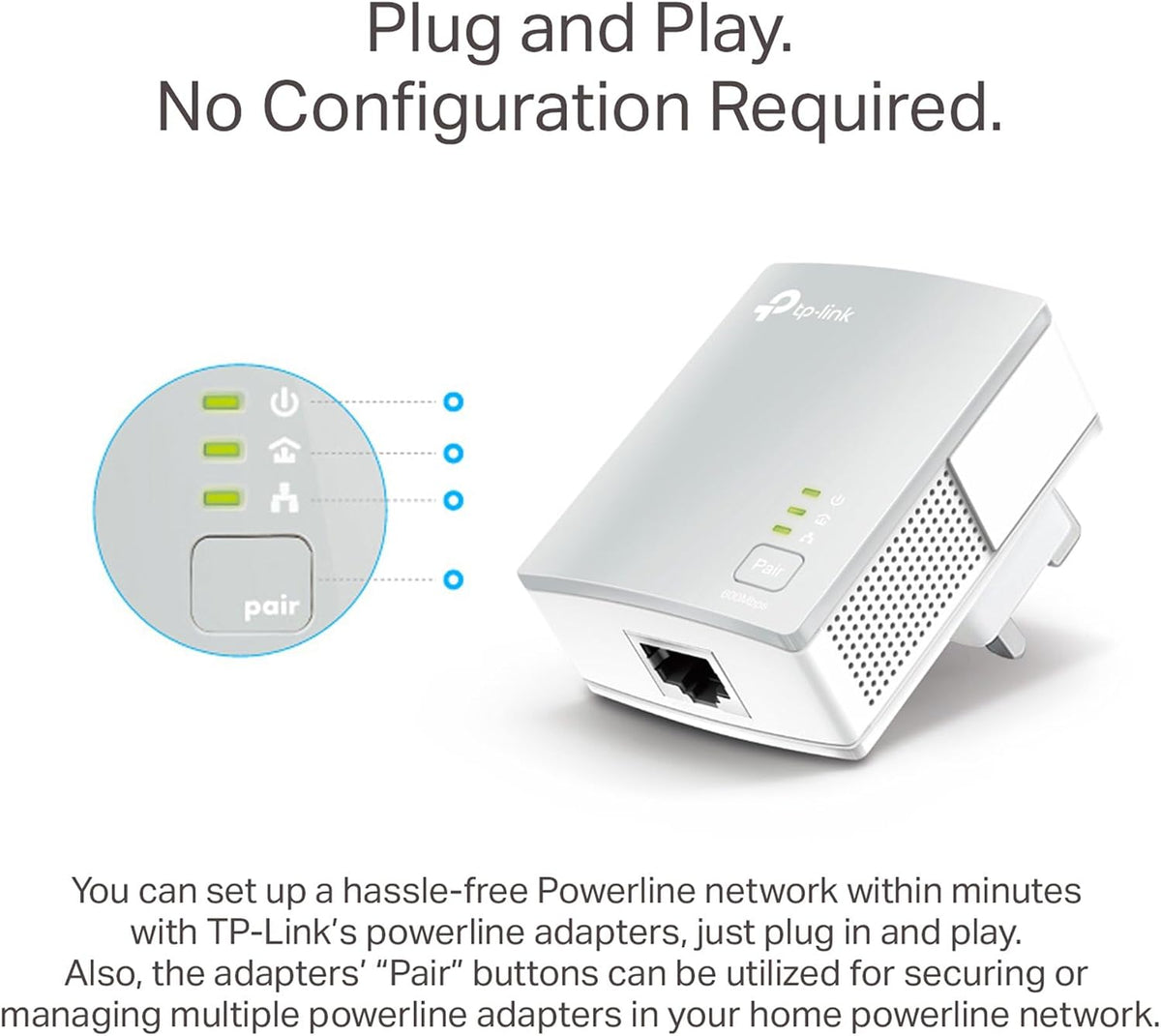 TP-Link TL-PA4010 KIT AV600 Powerline Adapter Starter Kit, HomePlug AV2 Powerline Network Adapters, Up to 600Mbps, 1× Fast Ethernet Port, Plug and Play, Energy Saving Mode, 300M Range