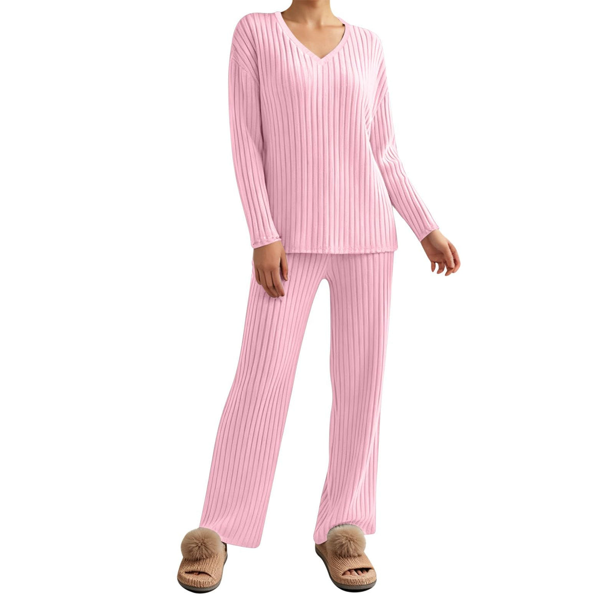 Lounge Wear Sets For Women Uk Womens Pyjamas Set Ladies Pyjamas Two Piece Outfit Fleece Tracksuits V-Neck Long Sleeve Jumpers And Wide Leg Trousers With Pockets Sleepwear Plain Casual Homewear