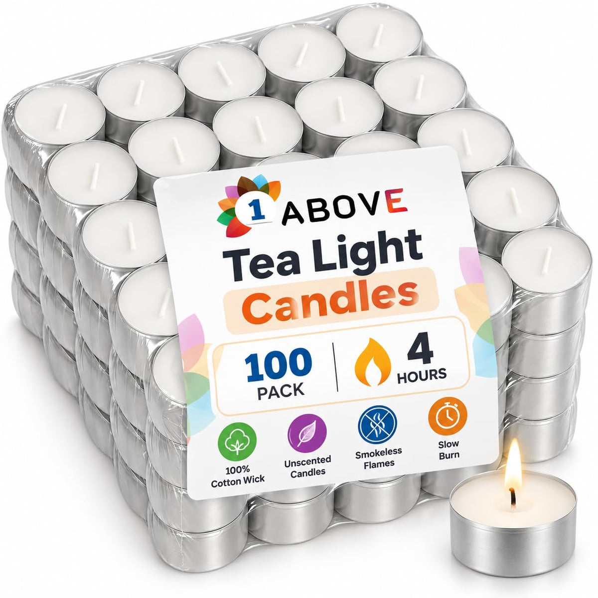 Unscented 8-Hour Tea Light Candles, 50 Pack, Cotton Wicks