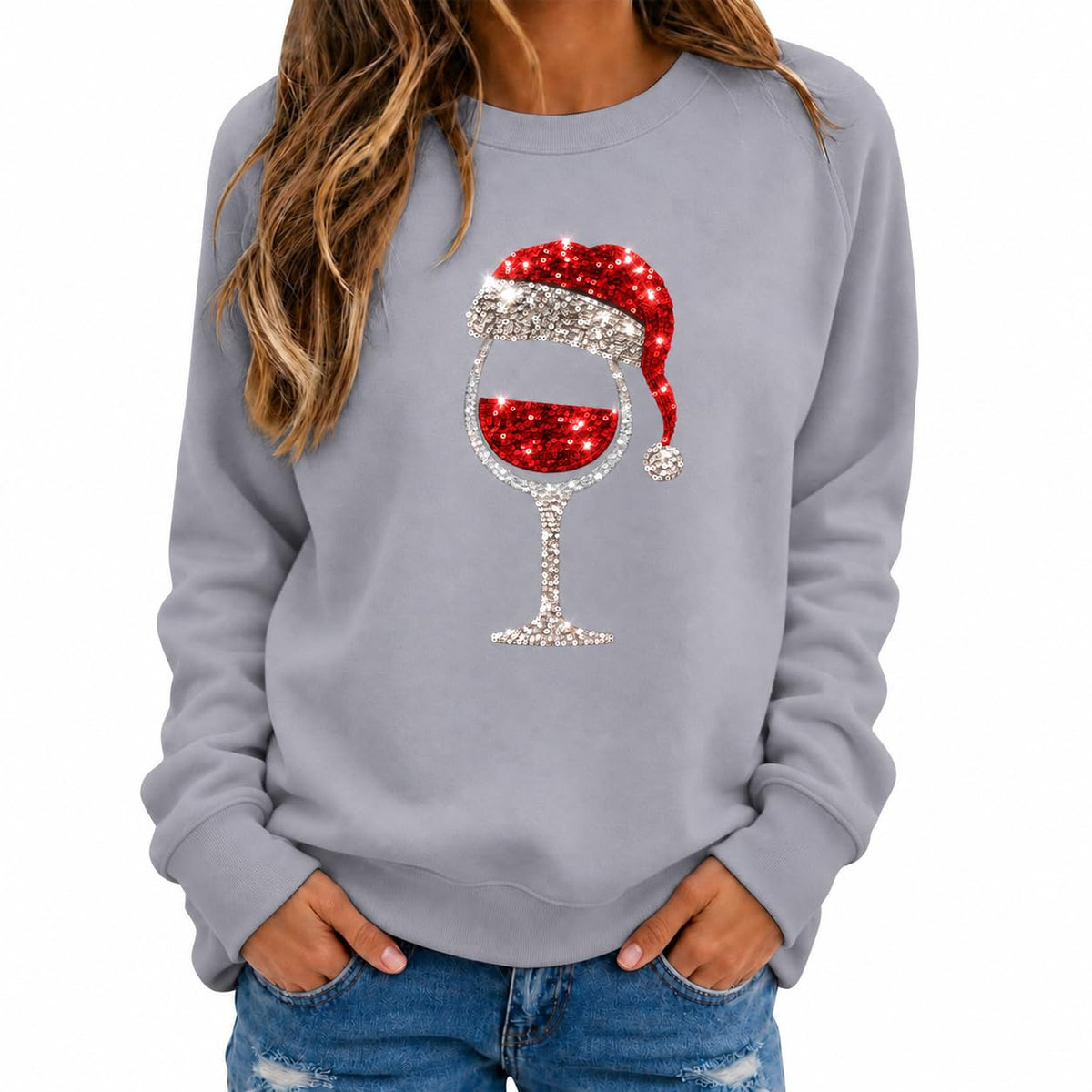 Christmas Jumpers Women Wine Graphic Sequin Sweatshirts Ladies Xmas Tops