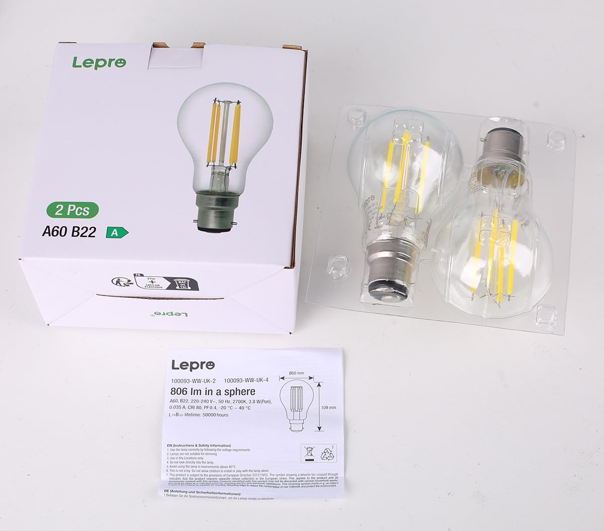 Lepro Bayonet Light Bulb A-Rated, 3.8W = 60W, 806lm, Warm White, Pack of 2