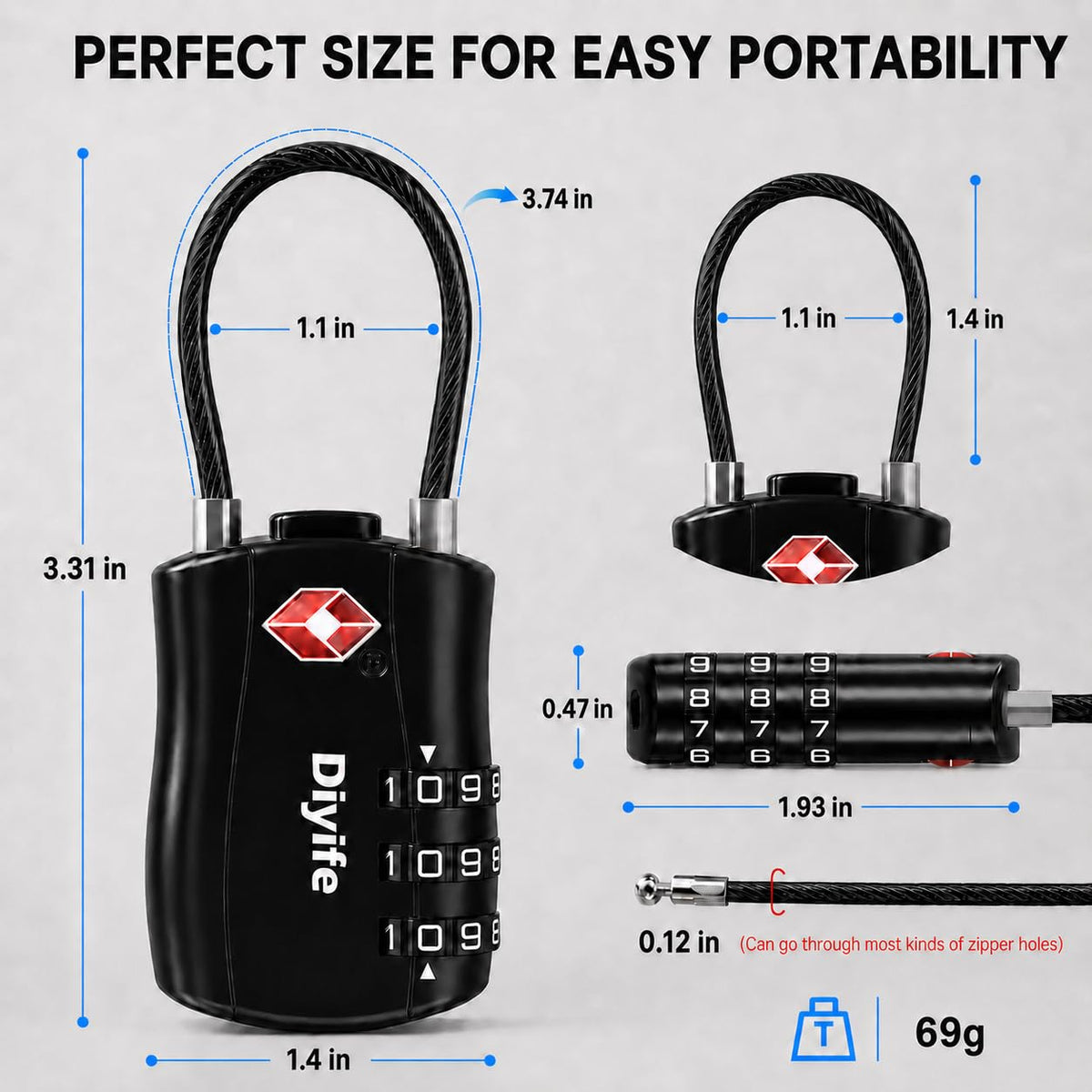 Diyife TSA Approved Luggage Locks with Flexible Steel Cable, Easy to Set up