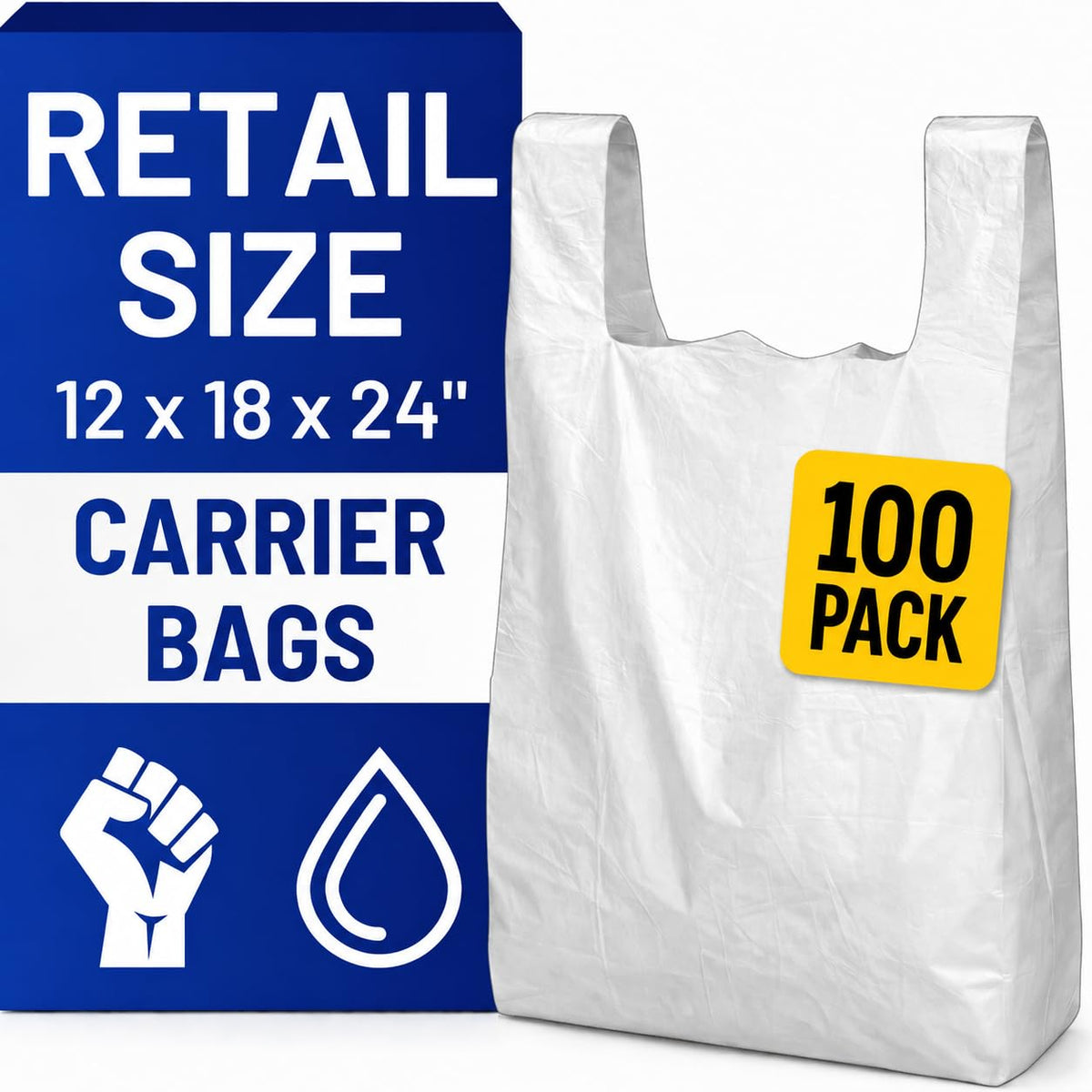 Plastic Carrier Bags White - Standard Retail Size 12x18x24", 200 Pack