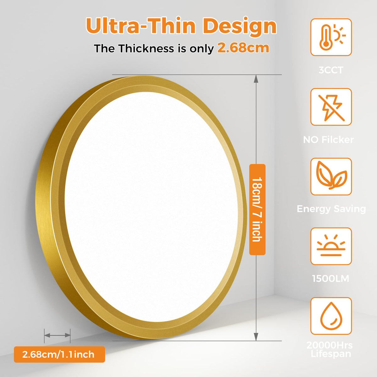 slochi Bathroom Light, 3000K/4000K/6500K 3 Color Temperature, Waterproof, Round, Modern, Flush Ceiling Light for Bathroom, Kitchen, Bedroom, Hallway and MoreØ18CM(Gold)