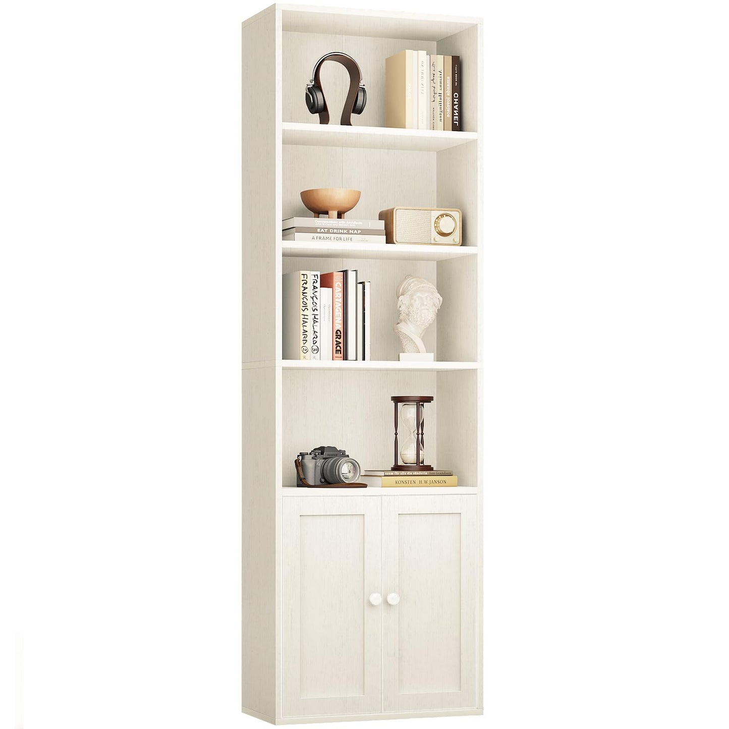 Coleshome 6-Tier Bookcase with Doors and Cabinet, Bookshelf Floor Standing Display Storage Shelf, Bookcases for Home, Office, Living Room, Bedroom, White, 48 x 24 x 176.4