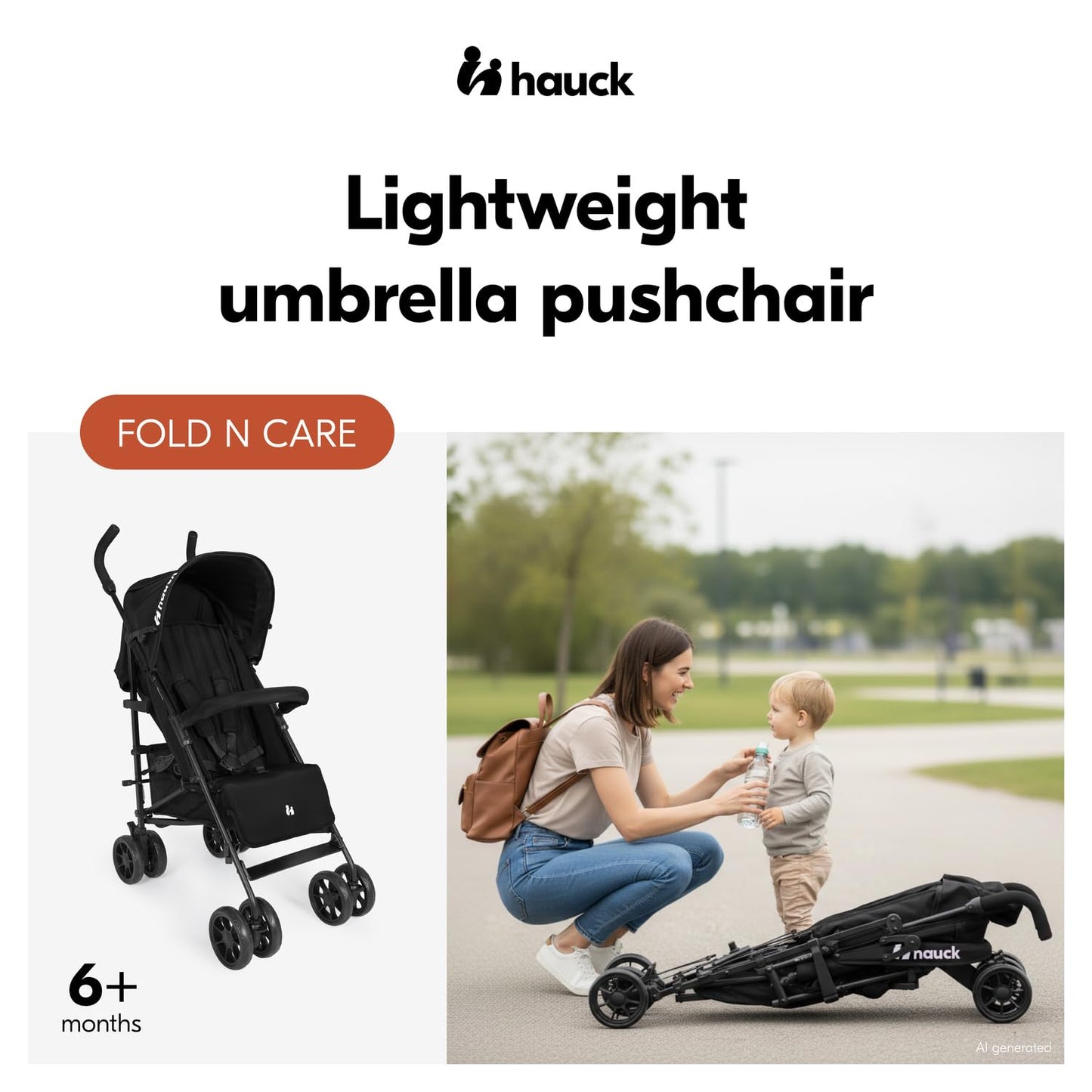 Hauck Fold N Care, Black - Lightweight Umbrella Pushchair with Raincover from 6 Months to 22 kg, Lie Flat, Compact Fold, Sun Canopy UPF 50+, EVA Wheels, Large Basket, Travel Stroller