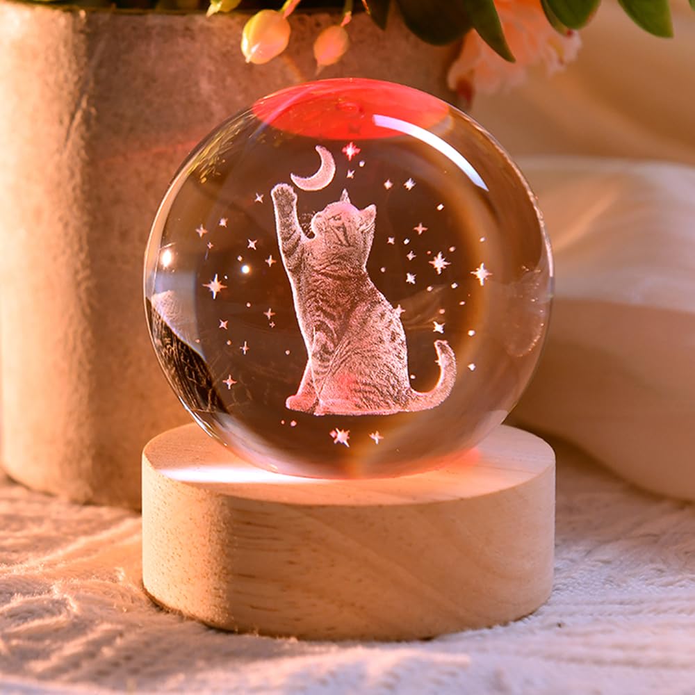 3D Fairy Crystal Ball 60mm Glass Fairy with Flower Night Light Gifts for Girl Women with Light Base