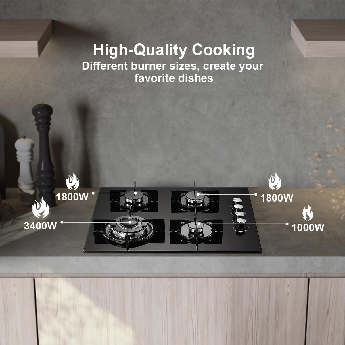 SNDOAS Gas Hob 4 Burners, NG/LPG Convertible, Built-in Black Glass Gas Hob with Wok Burner, Flame Failure Protection, 8000W, YYUKGCT-B04