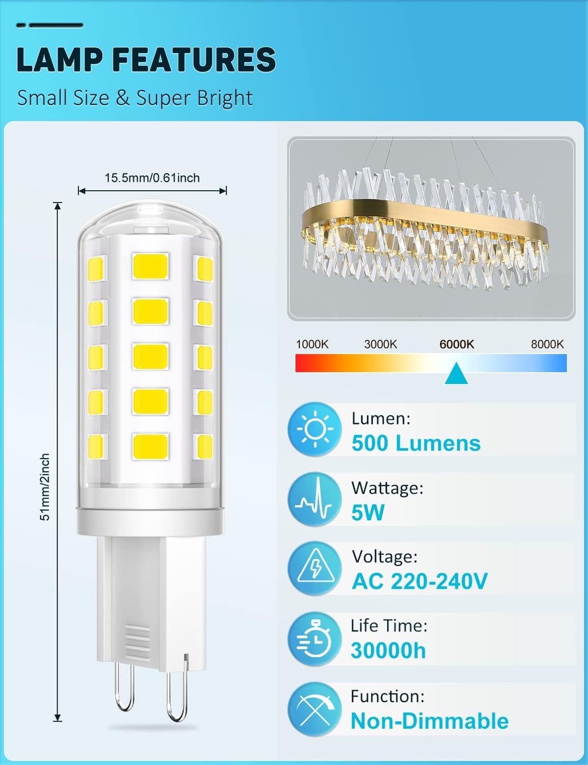 G9 Led Bulbs Cool White 5W 500LM 6000K, Equivalent to 50W Halogen