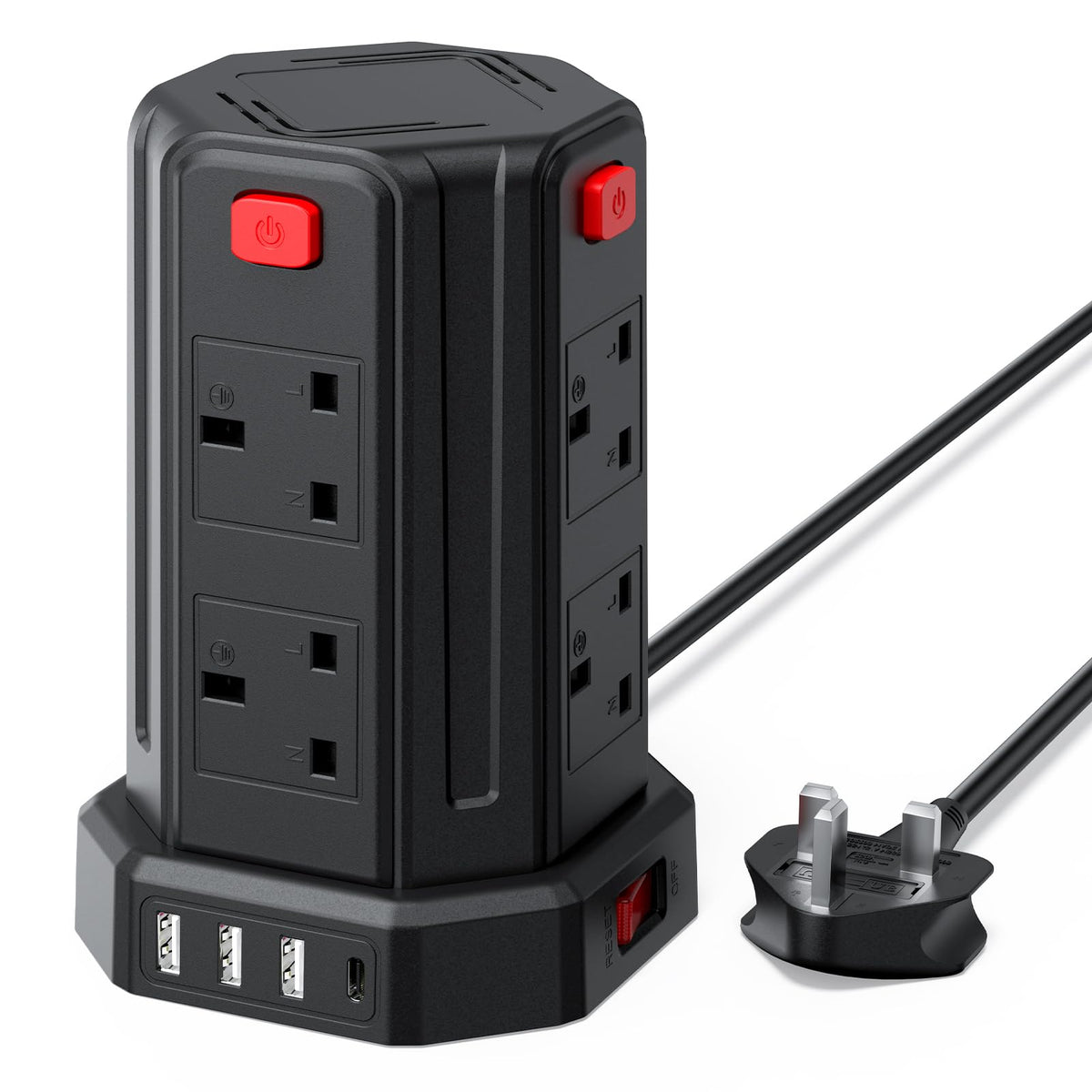 Tower Extension Lead 3M, 8 AC Outlets and 4 USB Ports Extension Tower
