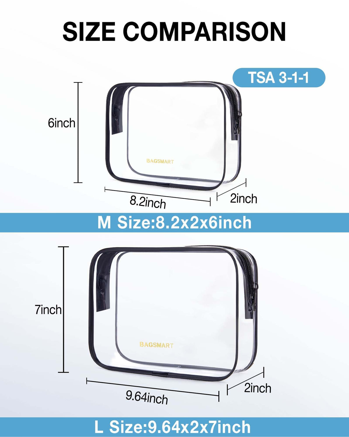 BAGSMART 2pcs Clear Toiletry Bag TSA Travel Essential for Makeup Liquids (Pack of 2)