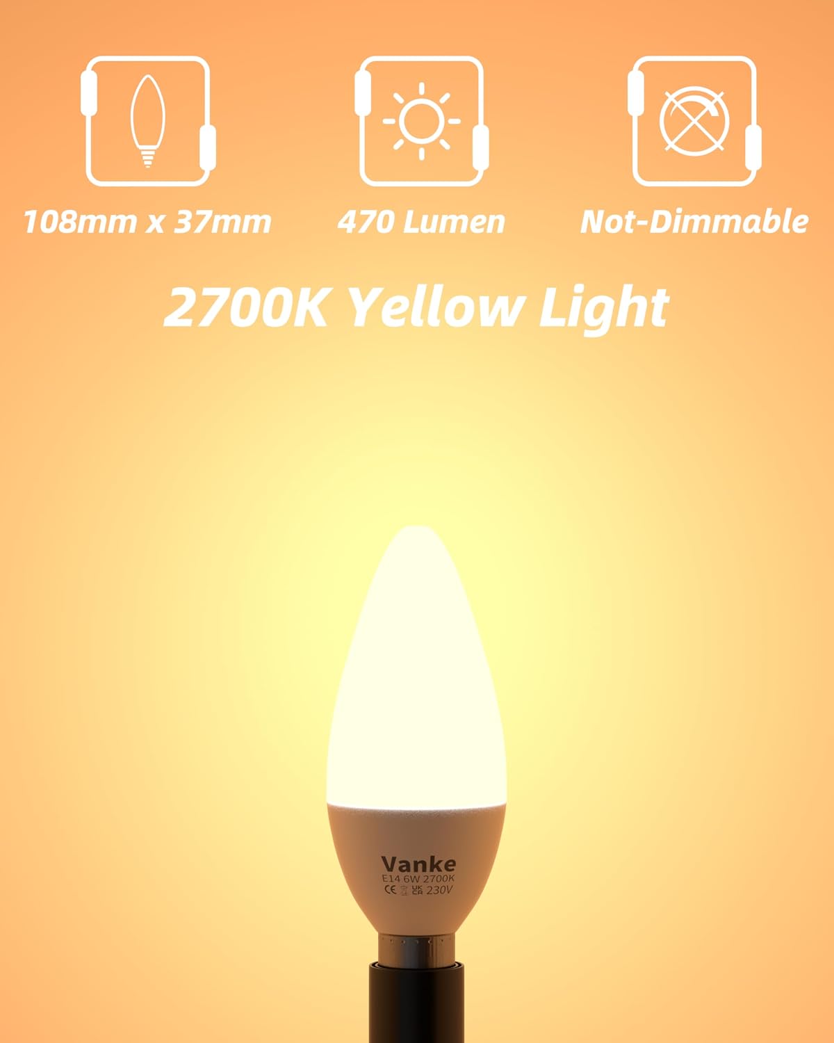 Vanke E14 LED Light Bulb, Warm White 2700K, 6W(40W Equivalent), Pack of 3