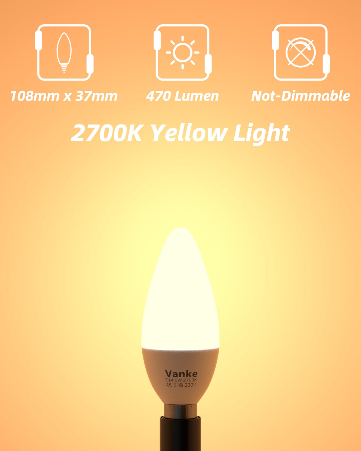 Vanke E14 LED Light Bulb, Warm White 2700K, 6W(40W Equivalent), Pack of 3