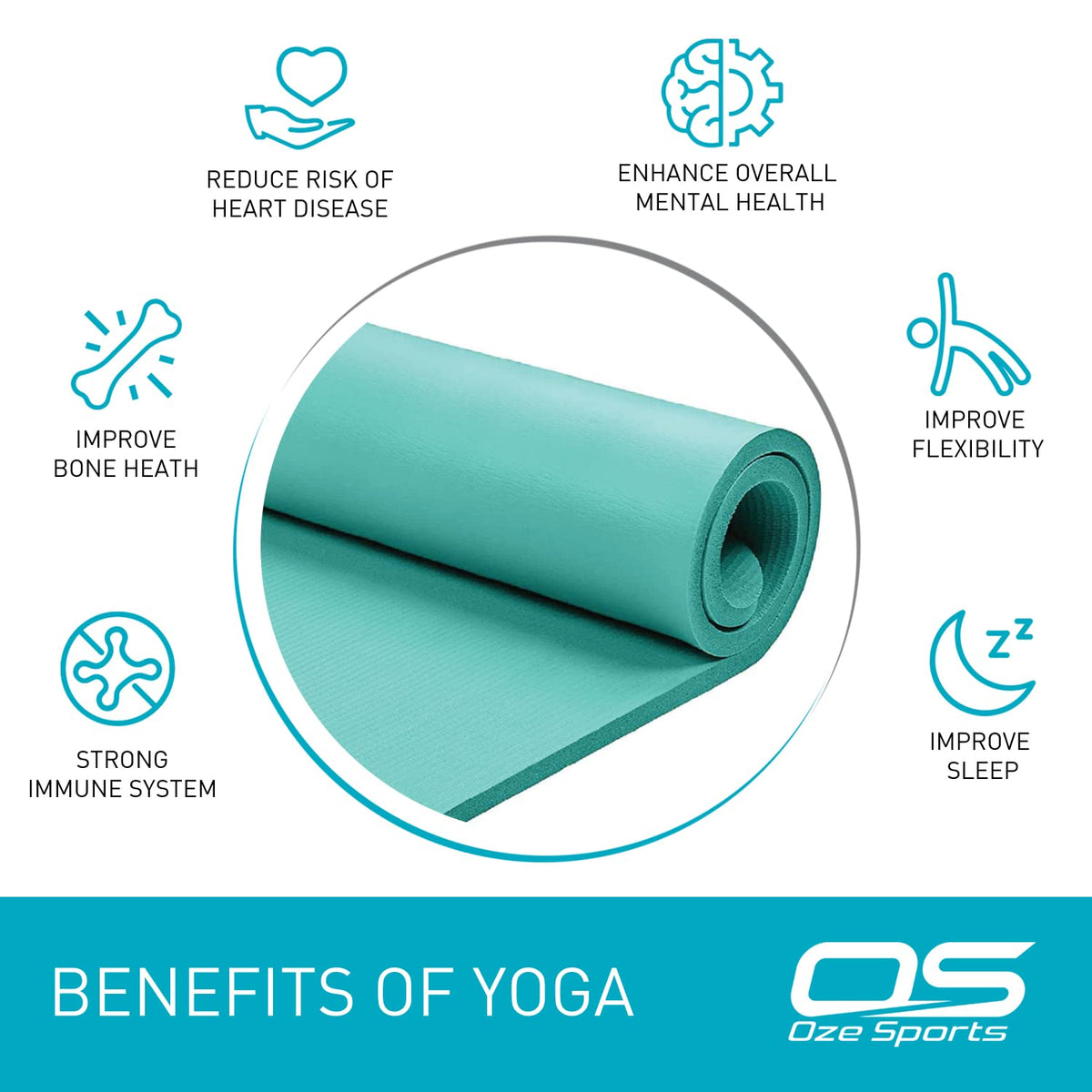 OZE SPORTS Yoga Mat, NBR Foam, Extra Thick, Non-Slip, High Density, Large, for Pilates, Gymnastics, HiiT and Fitness, with Free Carry Strap