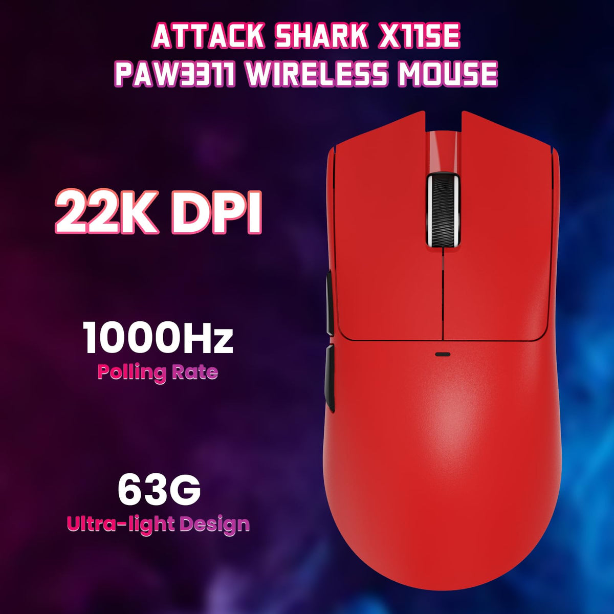 ATTACK SHARK X11SE Wireless Gaming Mouse, 63g Superlight With PixArt PAW3311 Sensor, 22000 DPI, Tri-Mode BT/2.4Ghz/Wired, 1000Hz Polling rate, 300mAh Battery, Dual Driver, for PC/PS/Mac (Berry Red)