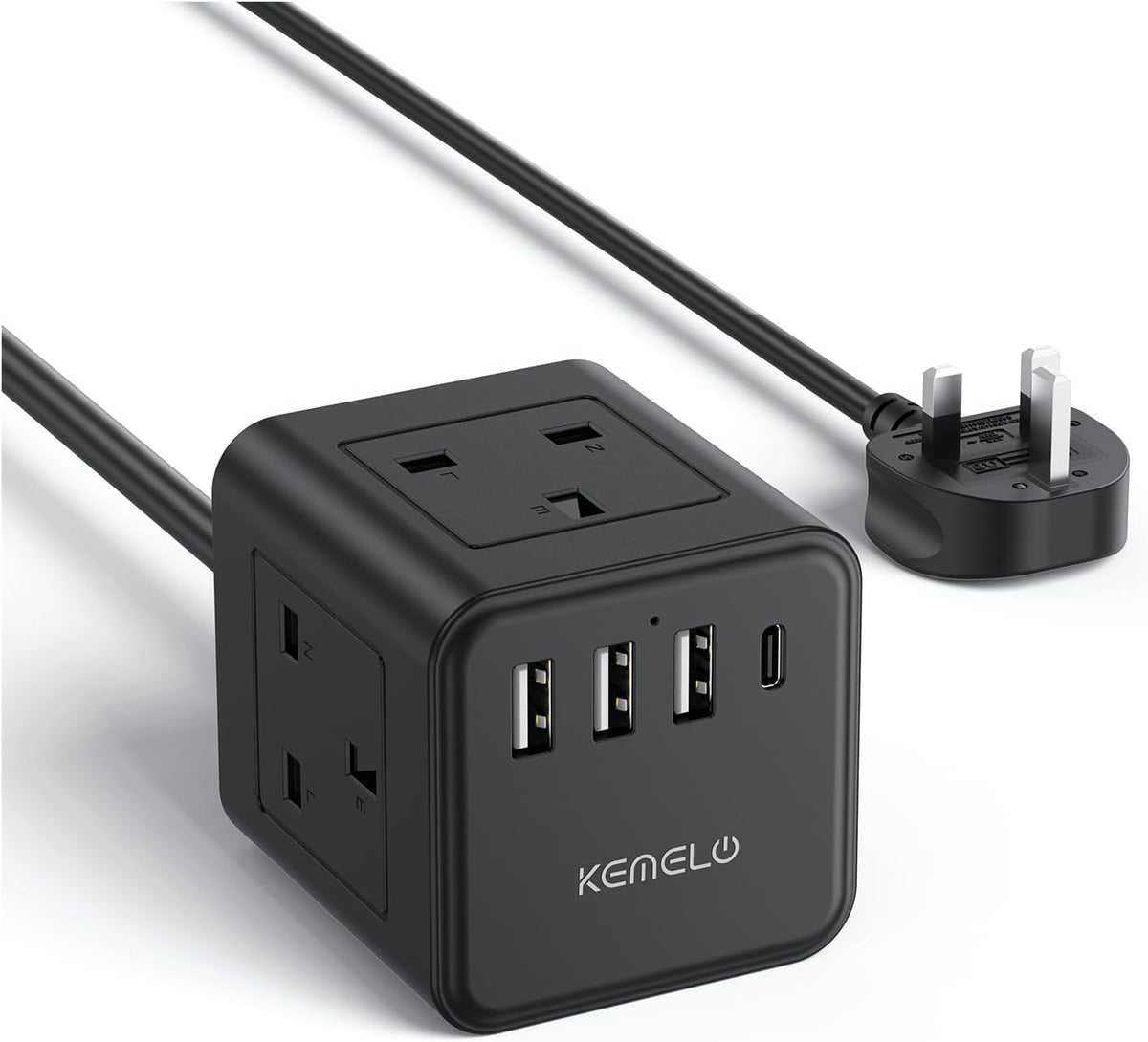 Cube Extension Lead with 4 USB Slots, Kemelo 4 Way (13A/3250W) Multi Plug Extension Cable with Child Safety UK Desktop Power Extension Socket,1.5M Extension Cords for Home Dorm Office Travel, Black